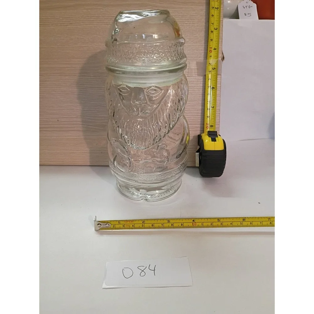 Vintage Clear Glass Santa Claus Apothecary Jar Christmas Canister with Lid 8in